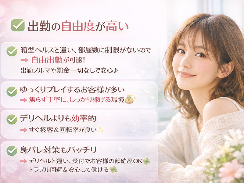 出勤の自由度｜大阪で高収入求人をお探しの方！未経験者も安心してお勤めいただけます♪